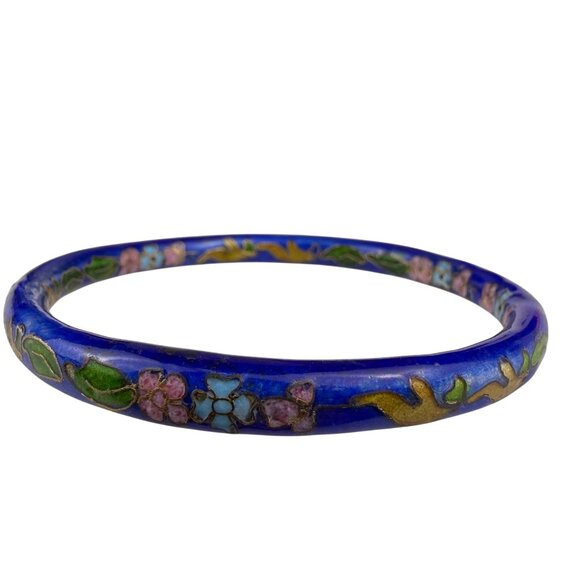 Cloisonné Womens Blue Enamel Floral Bangle Bracelet Various Metal Handmade - Picture 1 of 8